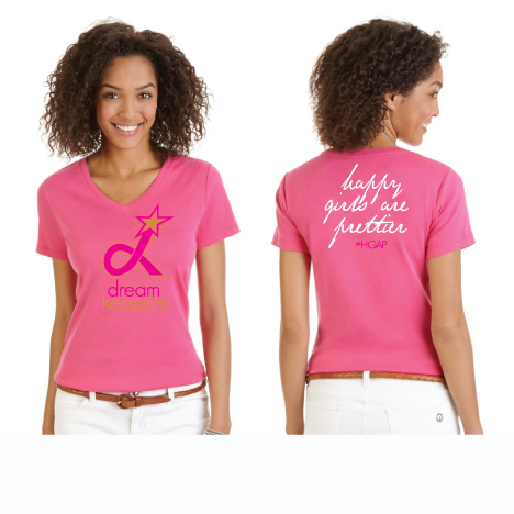 Fuschia V-neck Dream Keepers T-Shirt with our slogan on the reverse side. Happy Girls Are Prettier